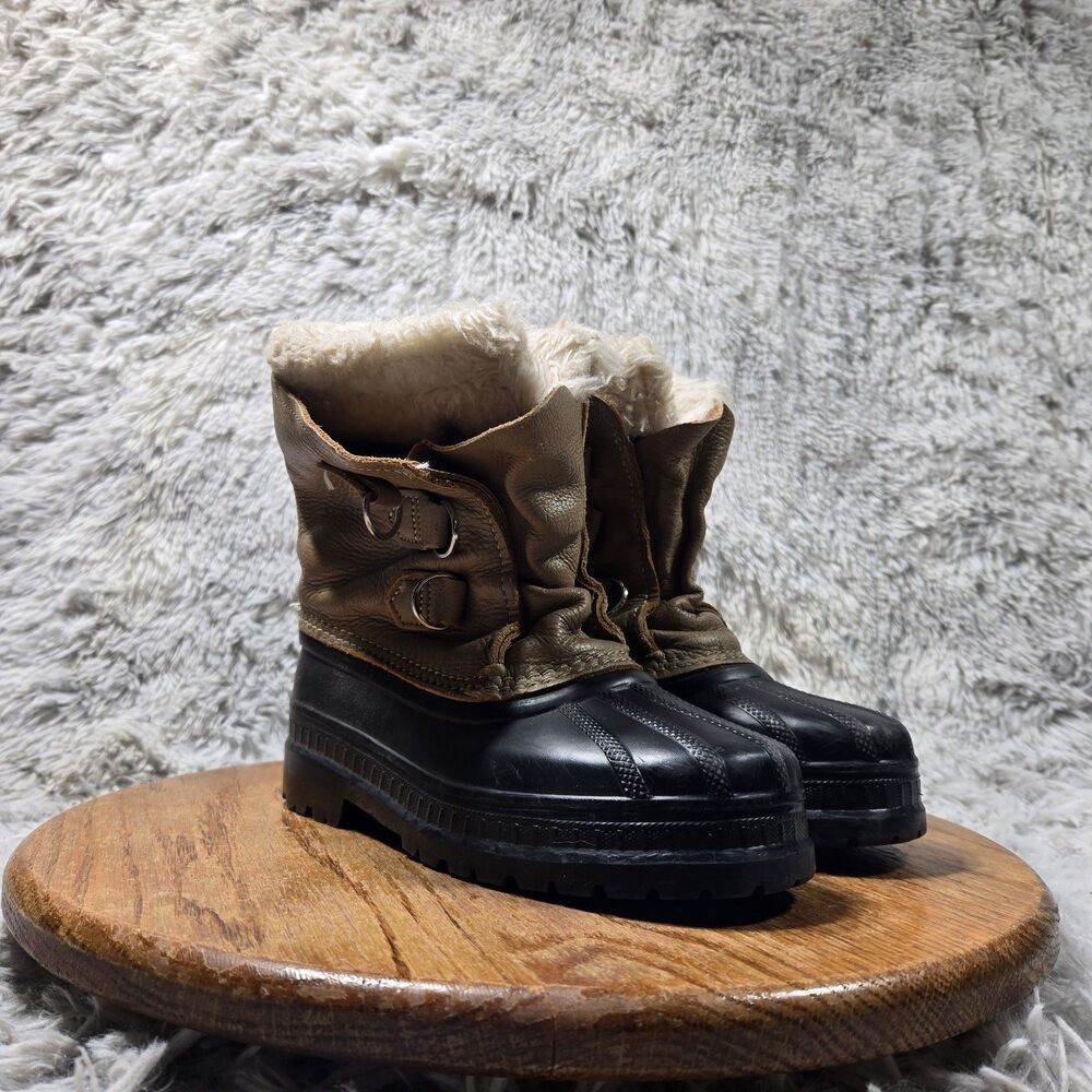 Sorel Youth Fur Lined Boots Size 2 Beige Leather USA Made Casual Outdoor Heeled